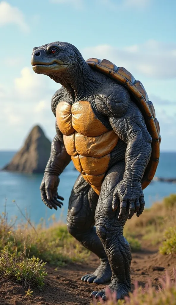 A turtle-faced humanoid, extremely muscular, walking and looking in the direction of the camera.  in the background, the iconic Pinnacle Rock in the Galapagos Islands, with clear skies and deep blue waters. The evening light gives a warm tone to the scene