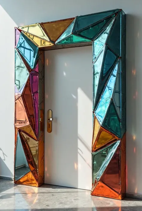 Create an image of a door frame made of pieces of colored chrome mirror glass