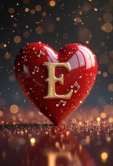 a red porcelain heart with the golden letter E and musical notes on a background of shining stars 8K, hyperrealism, masterpiece