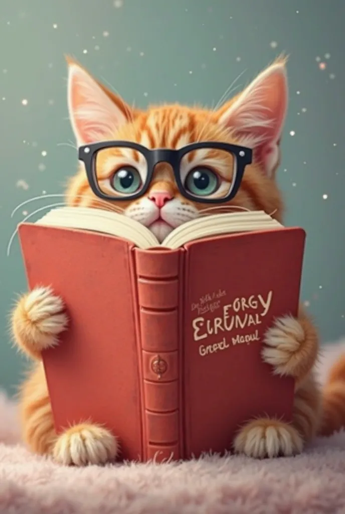 "An open book highlighting the red cover and a highlighted text that reads: 'Energy Survival Manual'. Behind the book is a cat, What we identified by seeing the little paws on the side of the book and the eyes with reading glasses on the top of the book.  ...