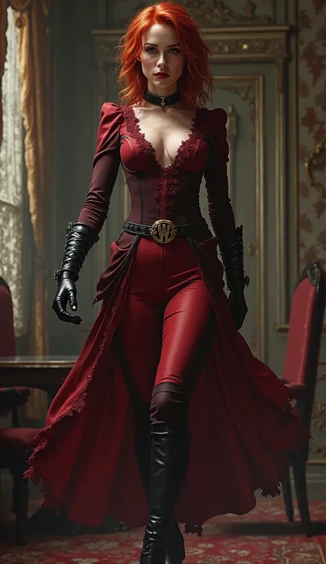 Marvel's Black Widow in her Victorian-style costume walking toward the camera.
