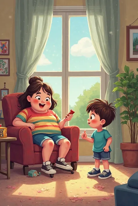 Skinny"

Page 1:

(Setting: A cozy living room with a big window overlooking a park. Chubby, a girl with big round cheeks, wearing a colorful t-shirt and shorts, lounges on a comfy chair with a bag of snacks. Her little brother, Skinny, stands beside her, ...