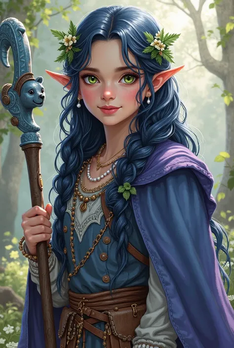  Create an RPG character , your hair must be a bluish black as dark as night. Skin as clear as snow green eyes and an angelic smile. Must wear simple medieval clothing, of leather and mixed blue. It must contain flowers and plants in braids in the hair. Pe...