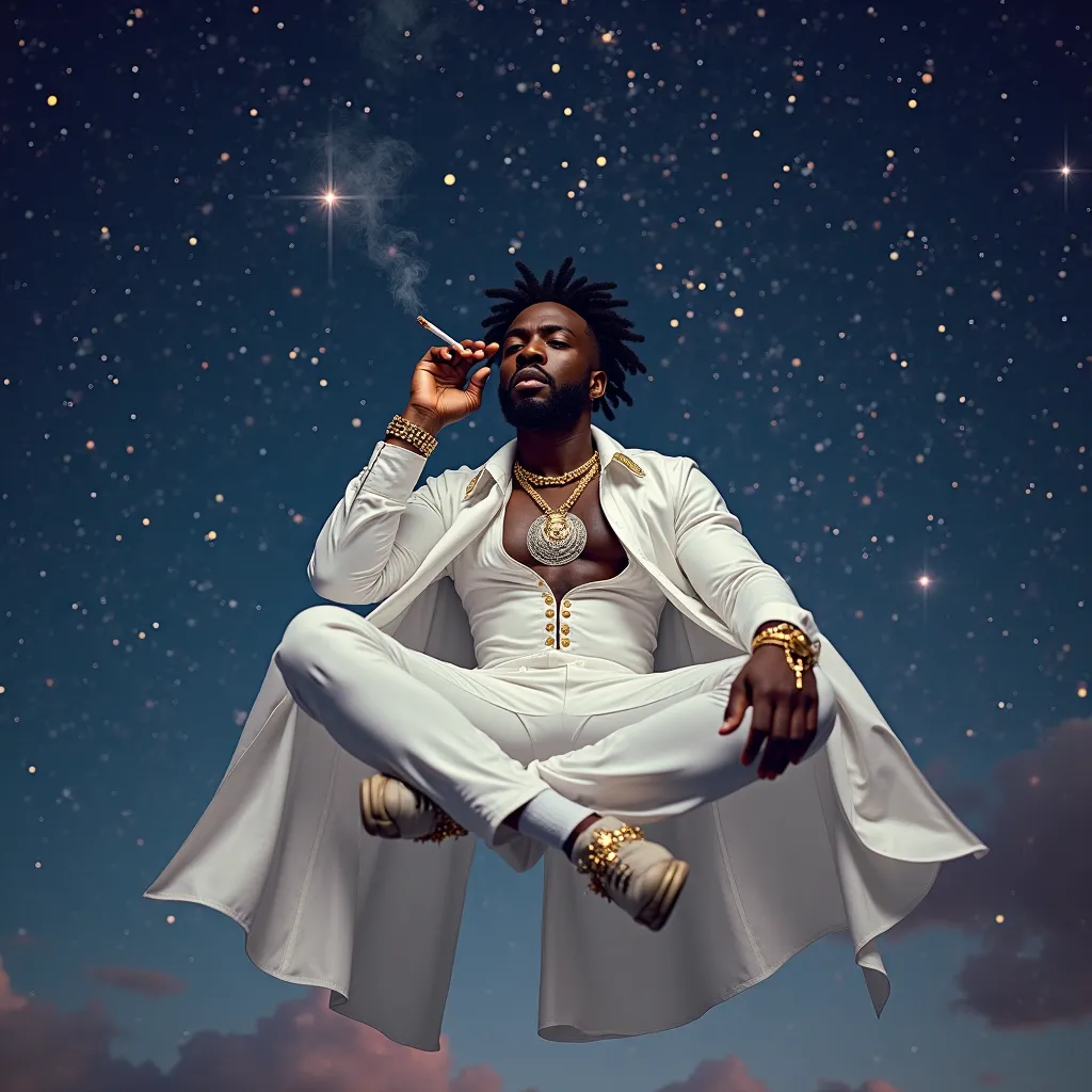 In the center of a dazzling night sky,  dotted with twinkling stars , a 30-year-old black man levitates in a seated position, exuding charisma and sophistication. Your noble and majestic presence stands out against infinity starry, as if he belonged both t...