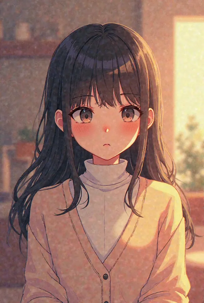 A shy girl with bangs, a soft expression, and a cardigan over a turtleneck, giving a warm and innocent feel as an Pixel art 2D style