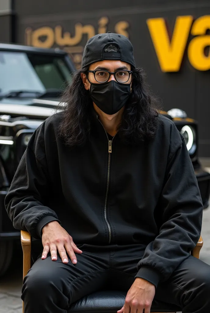 A man sitting on chair with black long hair with black glasses and black mask and black cap with background car mercedes g wagon in black and background name (Owais)write in style and colour in yellow 