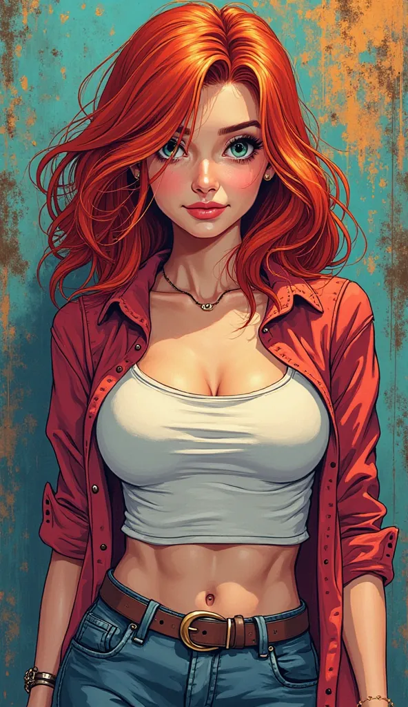 DISCREET image. with discreet casual clothes. image adult woman, american, just comic book style. with a discreet smile. IMAGES WITH VIBRANT COLORS. red hair