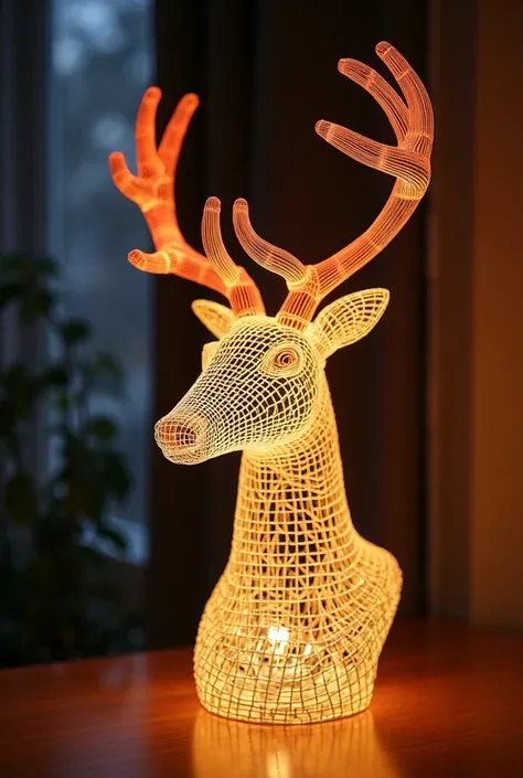 there is a deer's head and a lamp on a table, an abstract sculpture by Évariste Vital Luminais,  winner of the unsplash contest , kinetic art, famous designer lamp,  modern lighting , cute illuminated lamps,  Minimalist lighting ,  table lamp, ambient ligh...