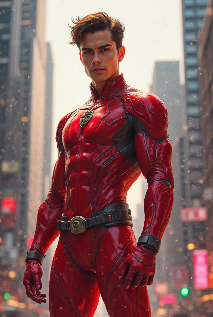 A young superhero in a red suit