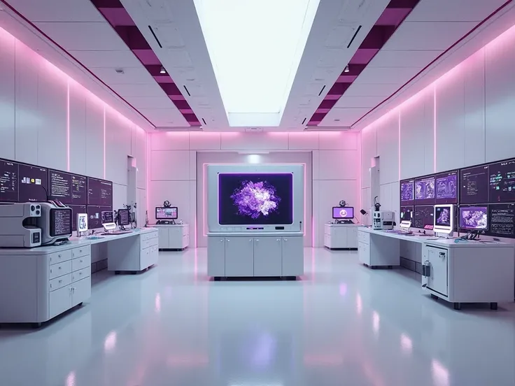 create a scientific and technological room with a computer in the center, with the colors white and purple as the main colors of the room, Without anyone from her