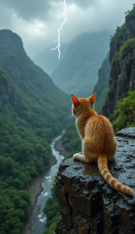 An image seen from above a orange kitten is desperately clinging to the edge of a steep, jagged rock cliff, its front paws gripping the wet, slippery stone while its hind legs dangle in the air. A storm rages around it, with heavy rain pouring down and str...