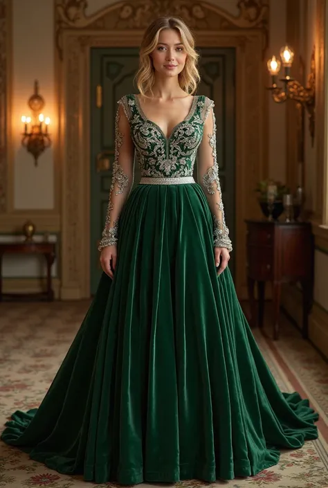 I was wearing a stunning, floor-length gown in deep emerald green, the fabric shimmering under the soft glow of the candles. The dress was made of luxurious velvet, with a delicate lace overlay that adorned the bodice, and it cinched at the waist with a si...