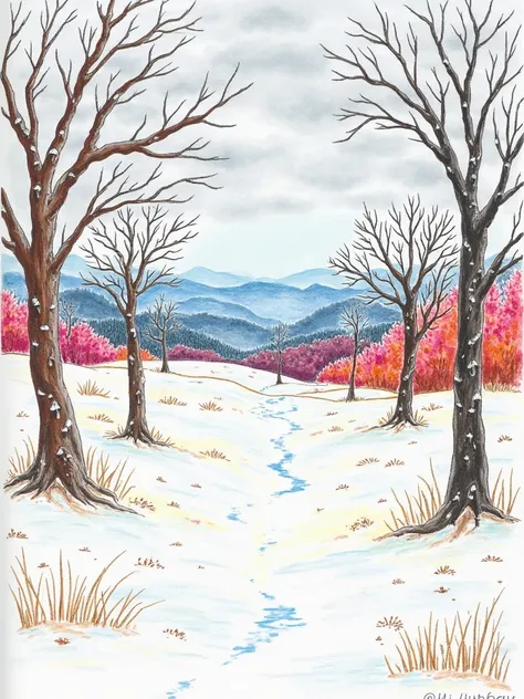 Draw a winter landscape with colored pencils like a third grade student.