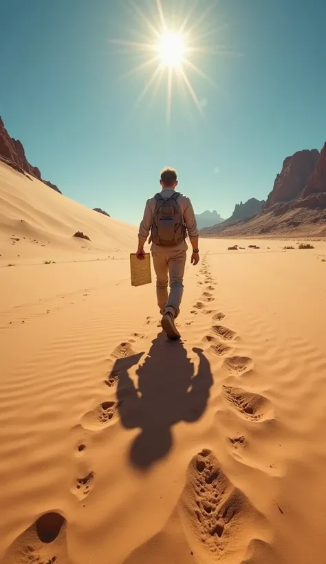 "in first-person view (throw) of a man walking in the vast, arid desert, holding an aged, slightly crumpled horizon map in his hands. The details of the map are visible, with hand-marked lines and notes. Bright sunlight reflects on the golden sand and crea...