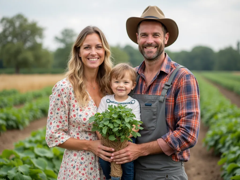 A family of young farmers, Mother in a flowery dress, 40-year-old looking father and s,  holding a plant , perfect hands, Open smile at the camera, in a rural environment, In the background a plantation