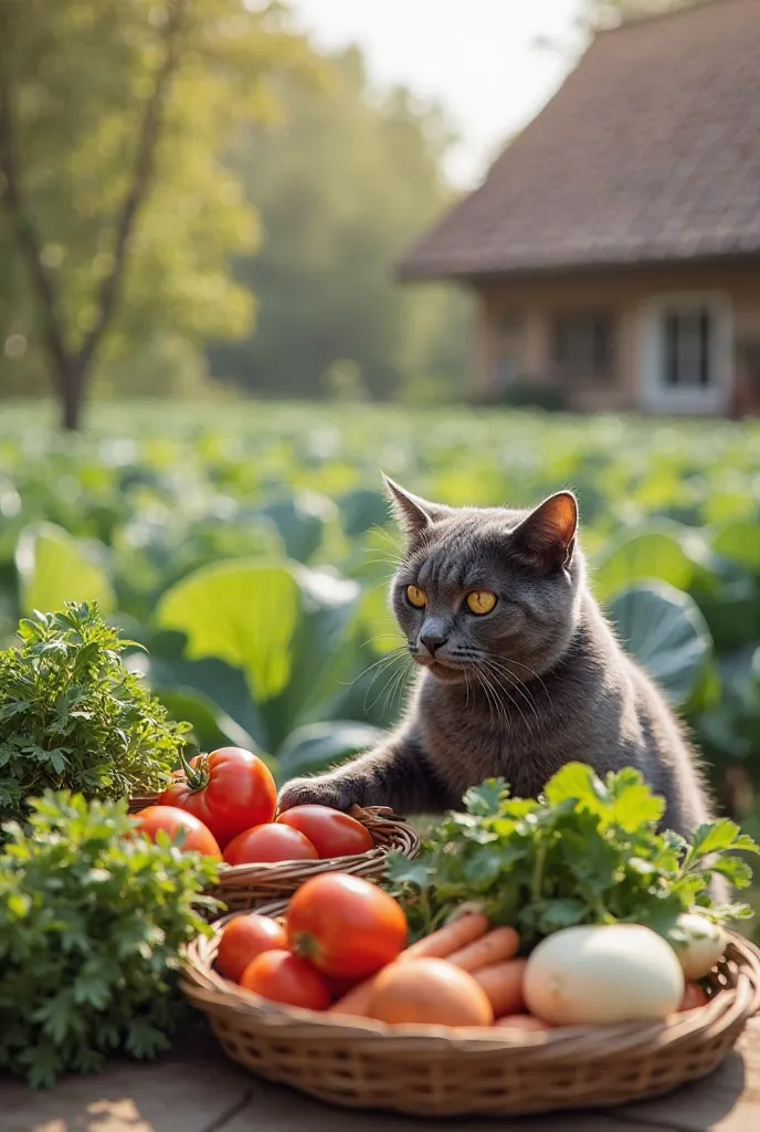 An adorable gray cat with a humanized posture stands next to a wooden table, choosing fresh vegetables from a basket. The table contains varied ingredients, like tomatoes, carrots, onions and fresh herbs. The background shows green cabbage fields under the...