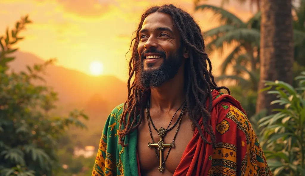 (photorealism:1.2), jesus smile And wearing Rasta cloak And cross necklaces in a colorful morning vibrant and artwork.