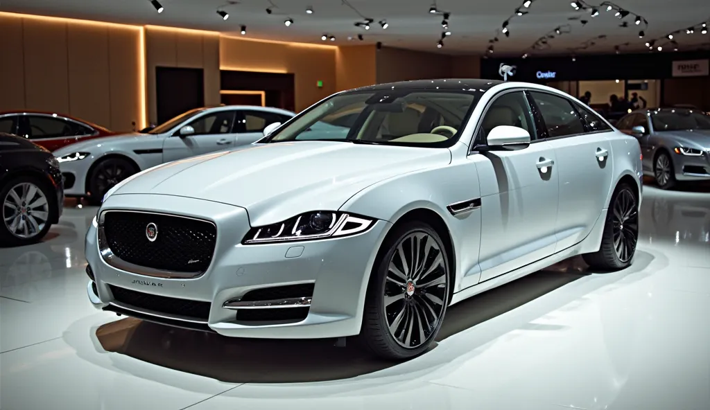 In white (Jaguar XJ) front right side view on the luxury Cars Showroom