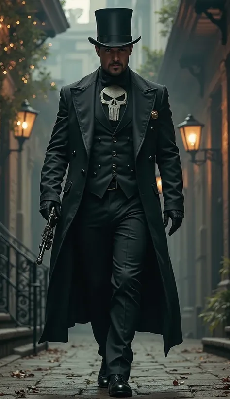 The Marvel Punisher in his Victorian-style costume with top hat walking toward the camera