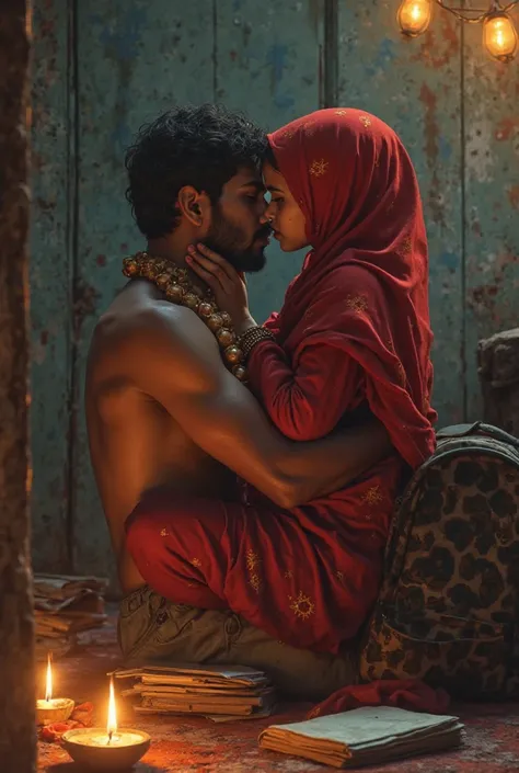 pakistani school girl (red hijab) with open bag in her back kissing with hindu shirtless  body man at poor room in india at night diwali. her books are speeding in floor 