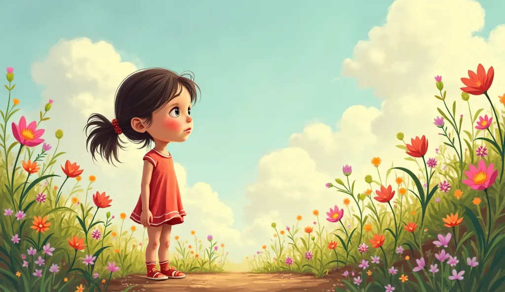 The girl(little)often dreamed of having a beautiful, colorful garden full of flowers. However, she didn’t have the seeds or the money to buy them.(cartoon image)