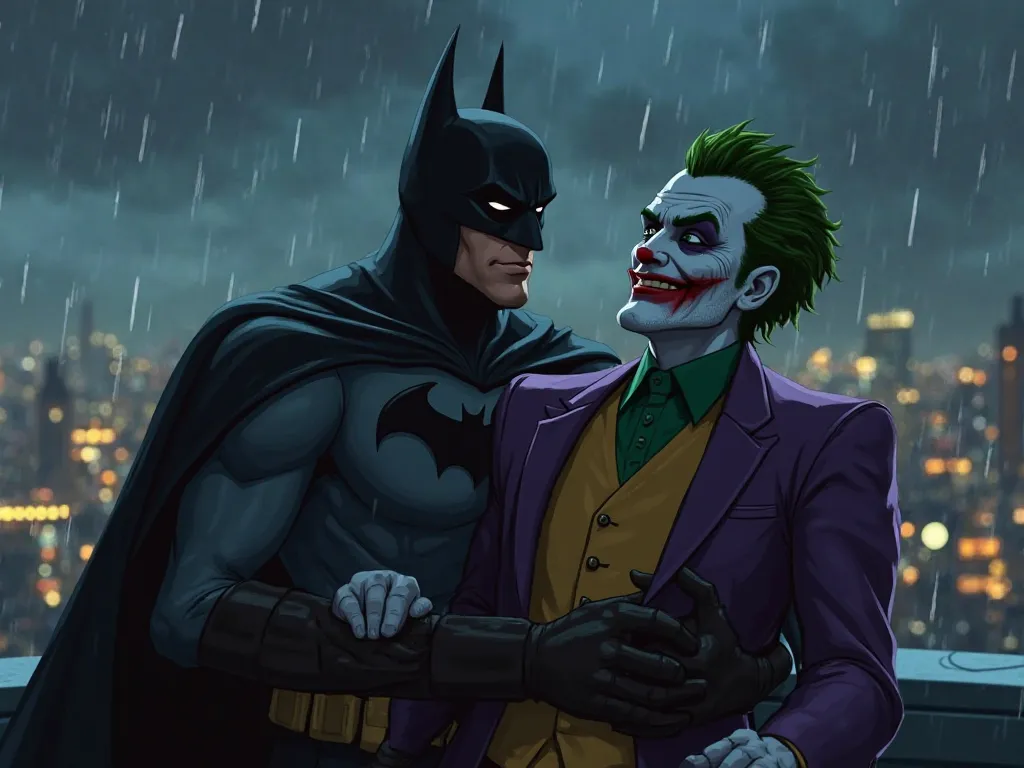 "A tense and dramatic scene where Batman finally captures the Joker. Batman, dressed in his dark armored suit, holds the Joker by his collar on a dimly lit rooftop in Gotham City. The Joker, with his signature smeared makeup, green hair, and sinister smile...