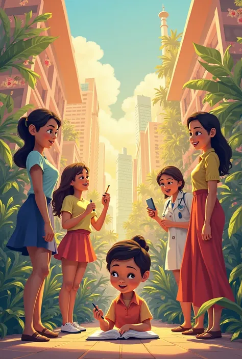 Create a vibrant and inspiring 2D animated video showcasing the vital role of women in various sectors of society in the Philippines. The animation should be colorful, smooth, and engaging, with dynamic transitions between scenes. Start with a young girl w...