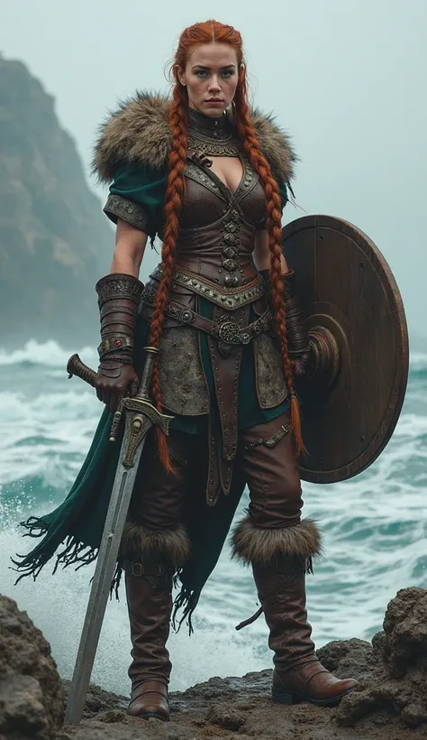 Viking Shield-maiden – A full-body portrait of a fierce Viking shieldmaiden with long braided hair, wearing leather armor and fur-lined boots, wielding a round wooden shield and a sharp sword, standing on a rocky shore.