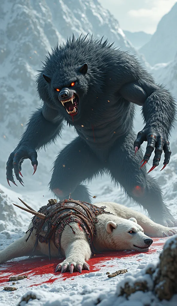 black werewolf badly killed the polar bear warrior and leg  on his body 