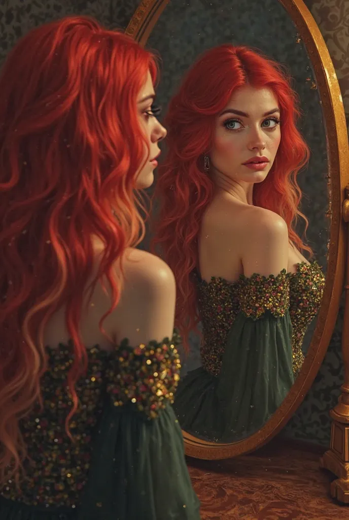 Make an aesthetic of a character
She has red hair with blonde highlights, likes to read, to fight, And it's being discovered. Place an image of a mirror with a blond woman with her back in the reflection 