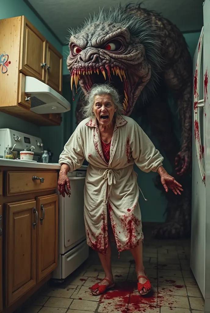 Bloodied frumpy housewife in bathrobe and slippers being eaten by a killer monster in the kitchen 