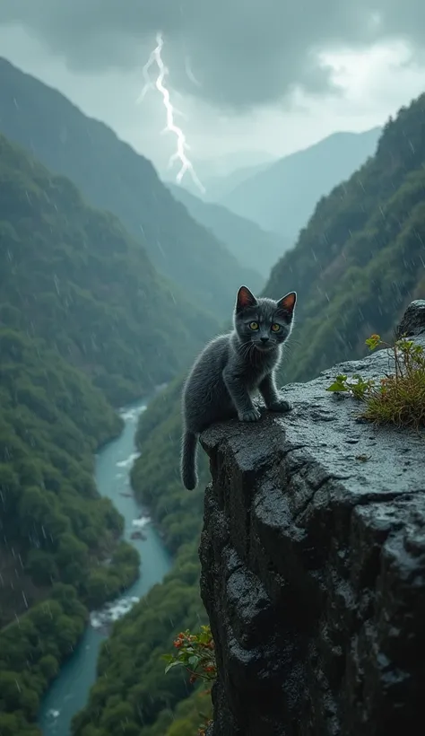 An image seen from above a grey kitten is desperately clinging to the edge of a steep, jagged rock cliff, its front paws gripping the wet, slippery stone while its hind legs dangle in the air. A storm rages around it, with heavy rain pouring down and stron...