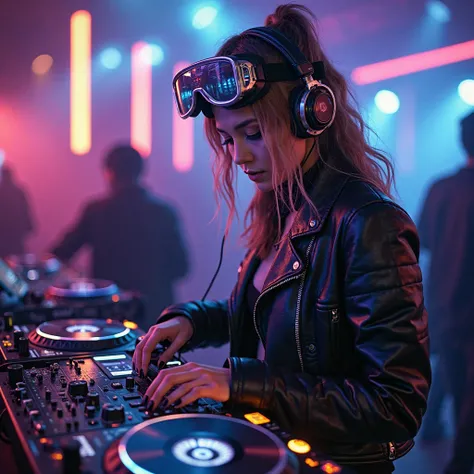 A female DJ in a futuristic setting. She is wearing a leather jacket, headphones, and goggles on her head. She is actively engaged in mixing music on a pair of turntables. The ambiance is illuminated with neon lights, and there are various electronic devic...