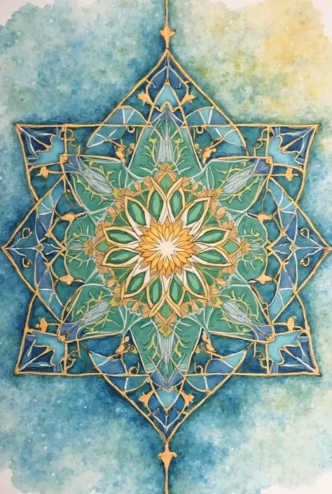 A mesmerizing watercolor painting of Islamic geometric art, featuring delicate interlacing star patterns and arabesque motifs. The soft blending of blues, greens, and gold tones creates a peaceful and spiritual aesthetic.