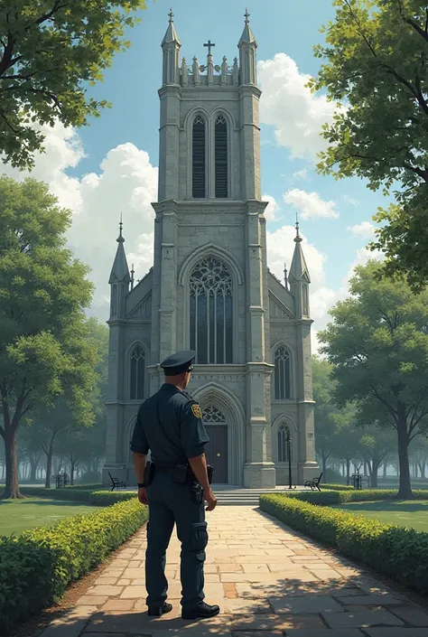 An officer sees a hole in a church tower and in front of the church there is a park