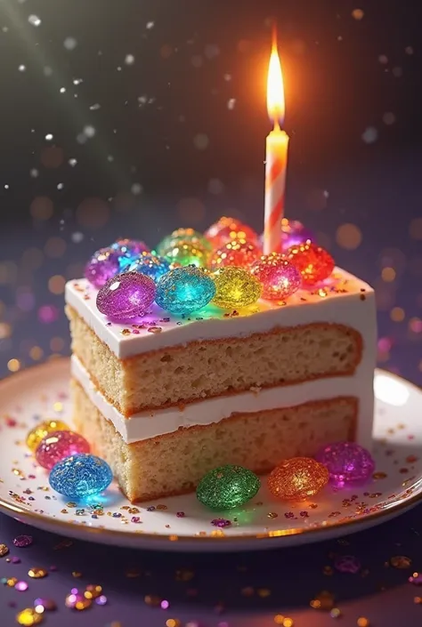 A piece of cake with diamonds of different colors of the rainbow,And a candle above 