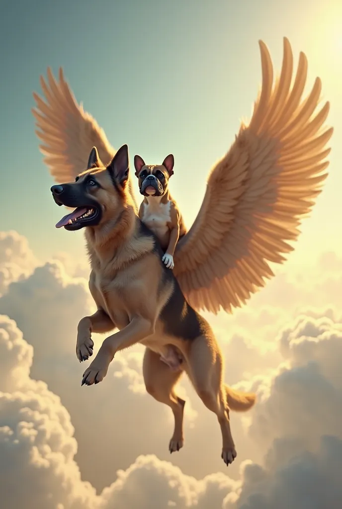 It is a boxer that the winged German shepherd wears on her back to the sky