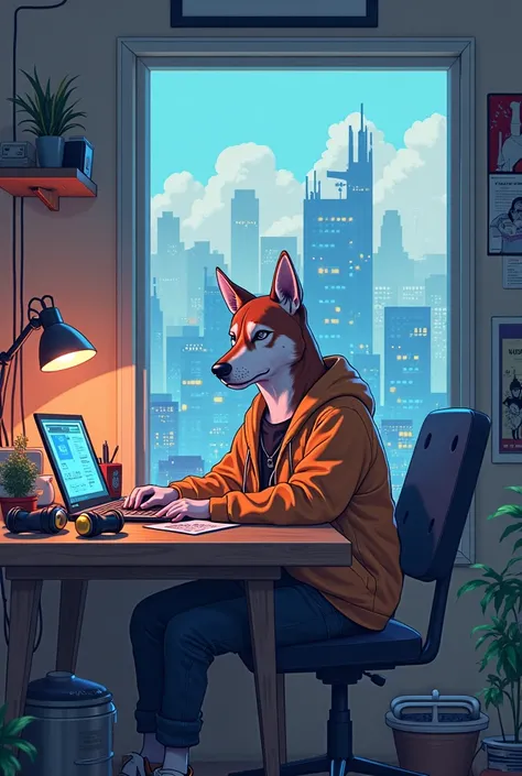 A dog with a(Riot Dog) anime character sitting at a table with a laptop and headphones, Riot Dog, lofi art style, lofi art , lofi riot dog aesthetic, lofi feel, lofi colors, lofi vibes, lofi, lofi hip hop, chihiro! fujisaki , Satoshi Kon art style, lofi vi...