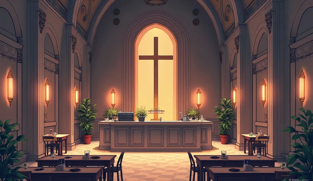  background material 。 bar counter。church style concept cafe。Cross decoration。candle decoration。 cocktails。No Humans 。anime style。Very simple color painting。
