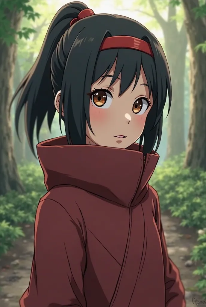 A dark-haired girl with a hoop on her side with a headband, brown eyes and fair skin in a cute ninja costume she must be embracing Sasuke Uchiha character from the Naruto anime, all this in the Naruto style with a background of a Konoha leaf village