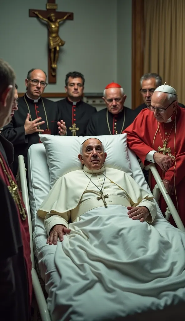 An emotional scene inside a hospital room where Pope Francis is lying in a hospital bed, slightly propped up, with his eyes open. Although he appears tired and weak, he maintains a serene and attentive expression. He is dressed in his traditional white cas...