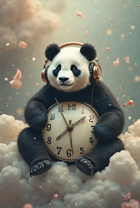 A panda  sitting on 12 pm clock time and hearing song in headphones 