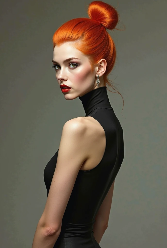 Tall and slender with bright orange hair tied up in a bun.