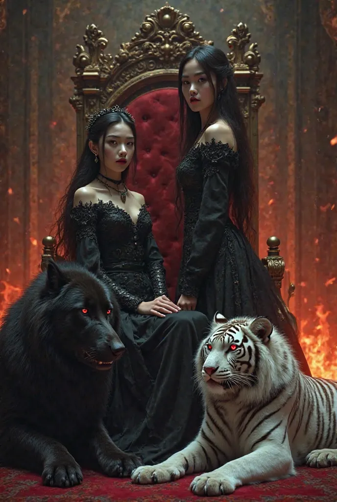 Two Asian women, One vampire woman sits on the throne, the second vampire woman is standing next to the throne,  like in the series  "Game of Thrones". royal hall , Darkness and fire surround them, a big black wolf and a big white tiger with red eyes lie o...