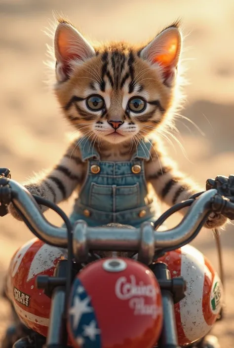 A small, kitten-like creature, likely a digitally-rendered or stylized cat, is seated on a motorcycle. The animal is young, with large, expressive eyes and a soft, fluffy coat in shades of brown and gray.  It wears a pair of light-blue denim overalls. The ...