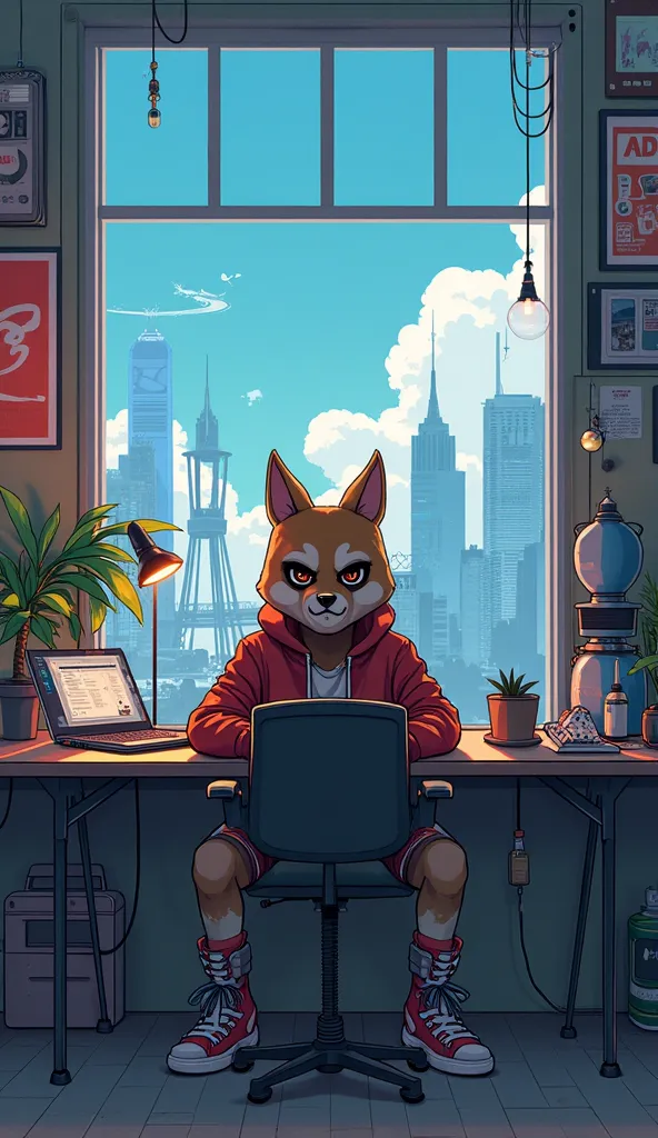 A dog with a(Riot Dog) anime character sitting at a table with a laptop and headphones, Riot Dog, lofi art style, lofi art , lofi riot dog aesthetic, lofi feel, lofi colors, lofi vibes, lofi, lofi hip hop, chihiro! fujisaki , Satoshi Kon art style, lofi vi...