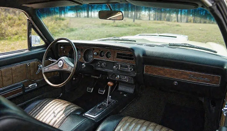 Interior view of 1970 Ford Torino Cobra jet Captured From creamy white Dashboard  