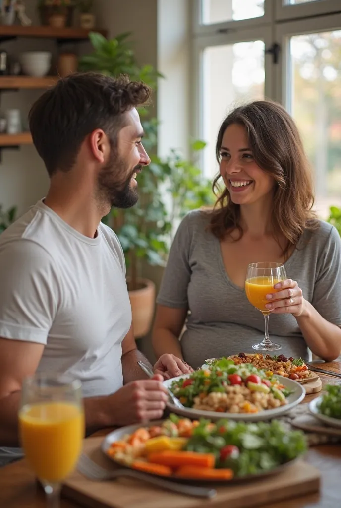 Lucas, 35-year-old man, short dark brown hair, thin beard and fair skin, sitting in the well-lit dining room, at the table with his 7-month pregnant wife, having a very colorful salad for lunch and drinking orange juice. Realistic photo, --ar 16:9."