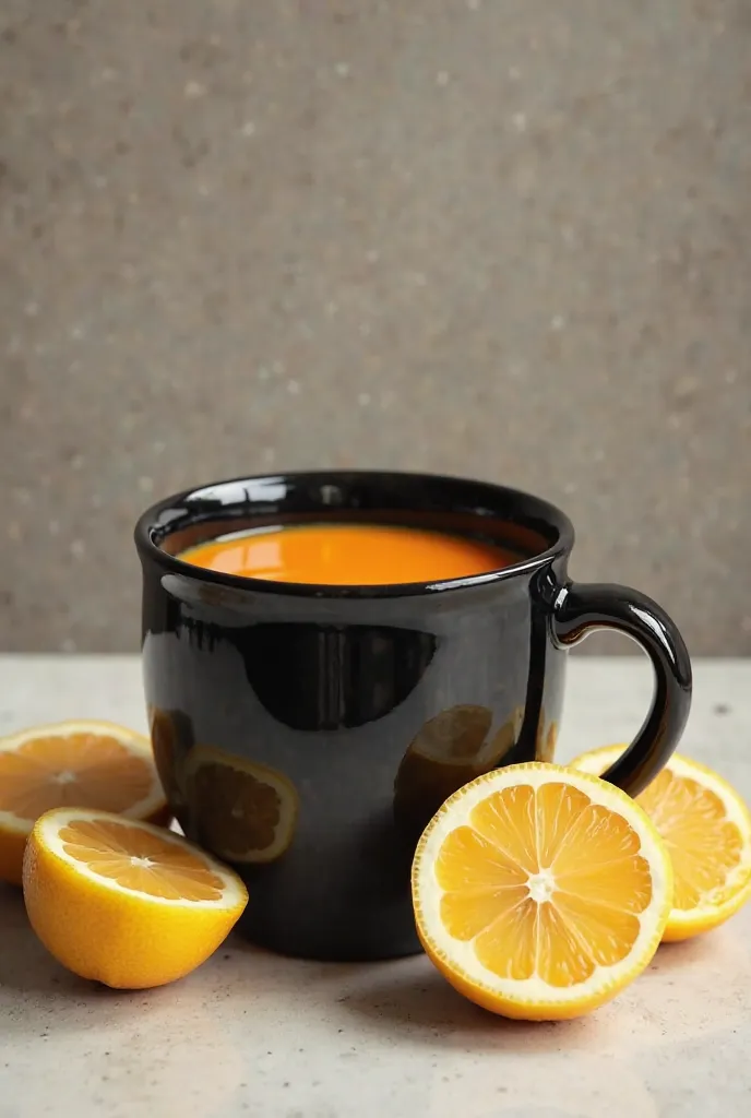 Picture of soups in a black cup with lemons split in half on the side of the cup 