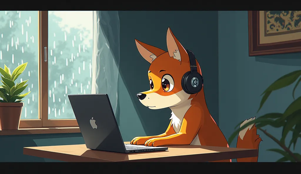 A dog with a(Riot Dog) anime character sitting at a table with a laptop and headphones, Riot Dog, lofi art style, lofi art , lofi riot dog aesthetic, lofi feel, lofi colors, lofi vibes, lofi, lofi hip hop, chihiro! fujisaki , Satoshi Kon art style, lofi vi...